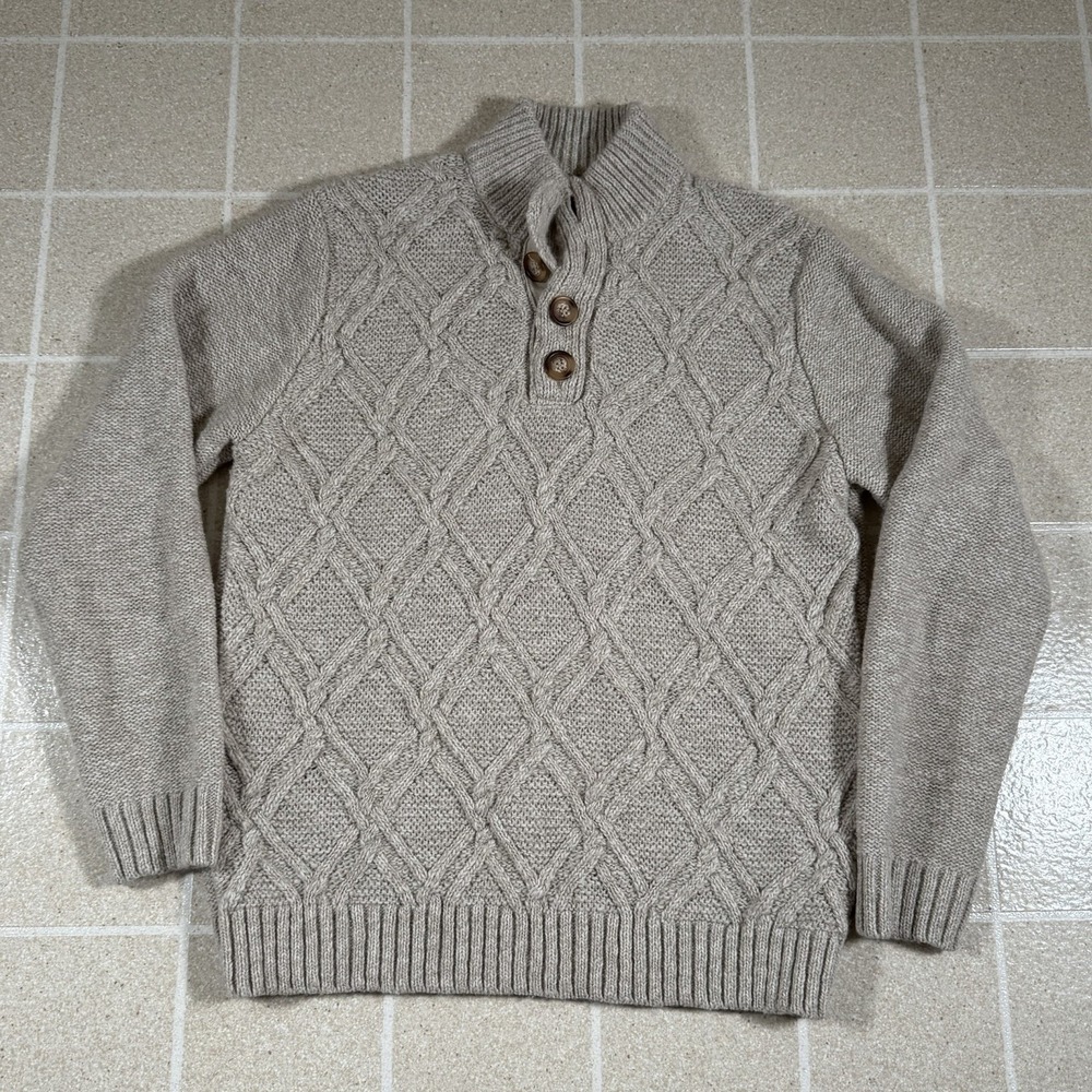 Immagini Italy Cable Knit Mock Neck Button Sweater Sz L Fisherman Beige Wool